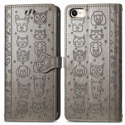 For iPhone 16e Cat and Dog Embossed Leather Phone Case(Gray) by bashfashion