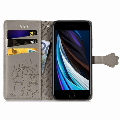 For iPhone 16e Cat and Dog Embossed Leather Phone Case(Gray) by bashfashion