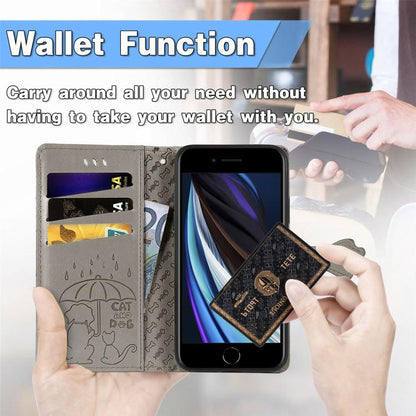 For iPhone 16e Cat and Dog Embossed Leather Phone Case(Gray) by bashfashion