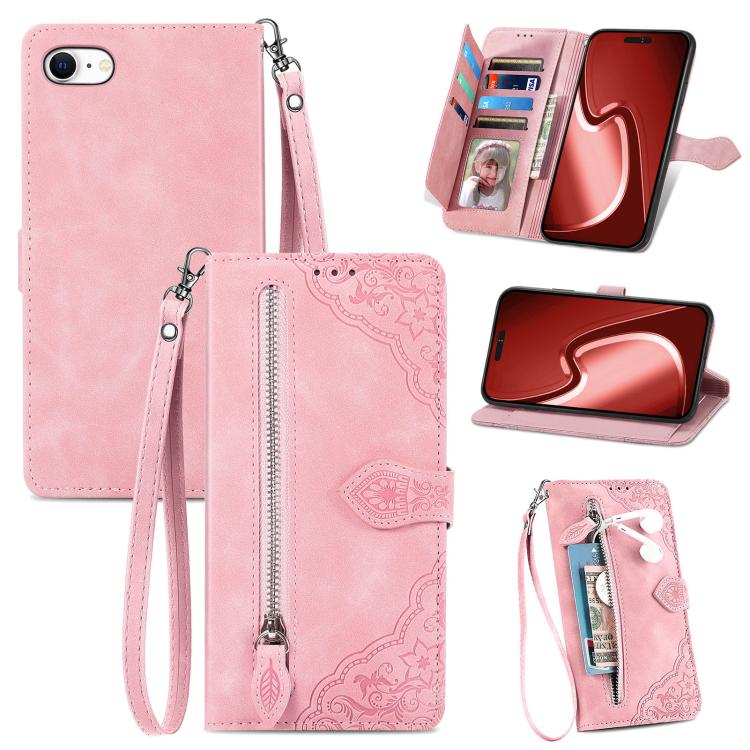 For iPhone 16e Embossed Flower Zipper Leather Phone Case(Pink) by bashfashion