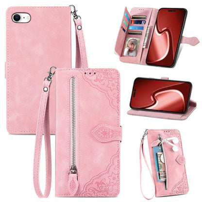 For iPhone 16e Embossed Flower Zipper Leather Phone Case(Pink) by bashfashion