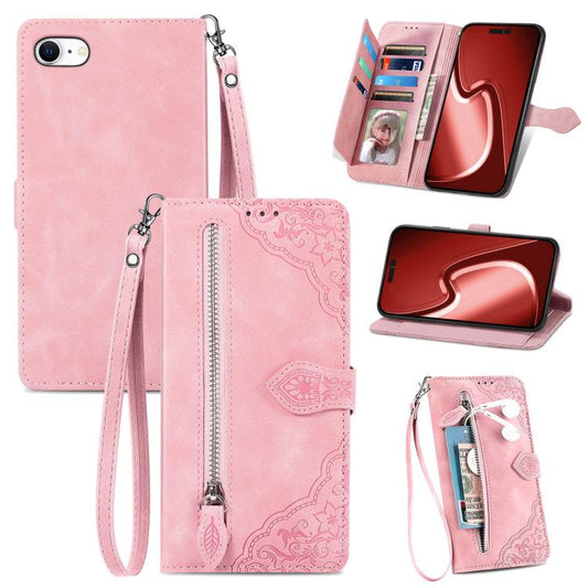 For iPhone 16e Embossed Flower Zipper Leather Phone Case(Pink) by bashfashion
