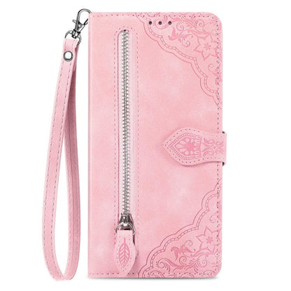 For iPhone 16e Embossed Flower Zipper Leather Phone Case(Pink) by bashfashion