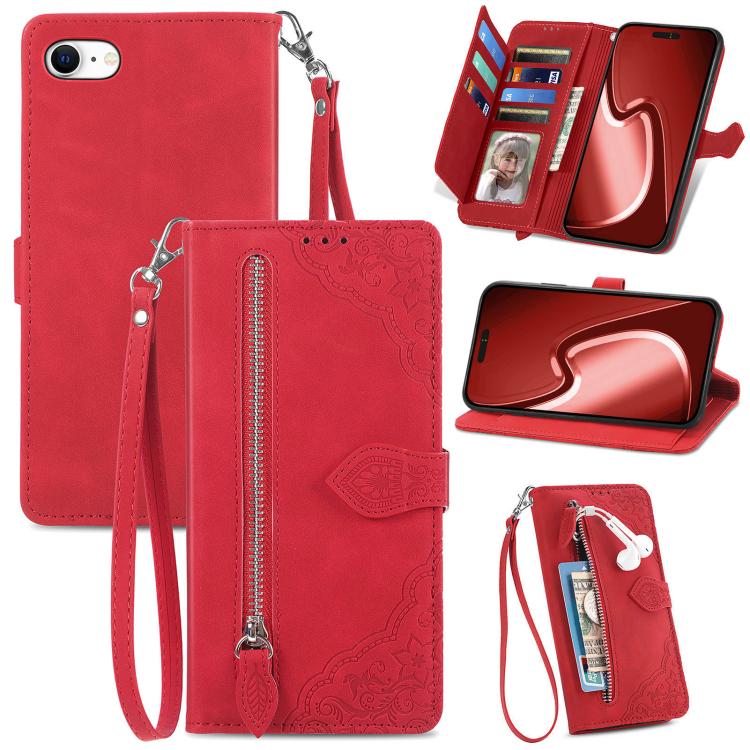 For iPhone 16e Embossed Flower Zipper Leather Phone Case(Red) by bashfashion