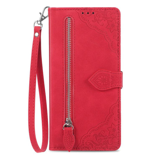 For iPhone 16e Embossed Flower Zipper Leather Phone Case(Red) by bashfashion