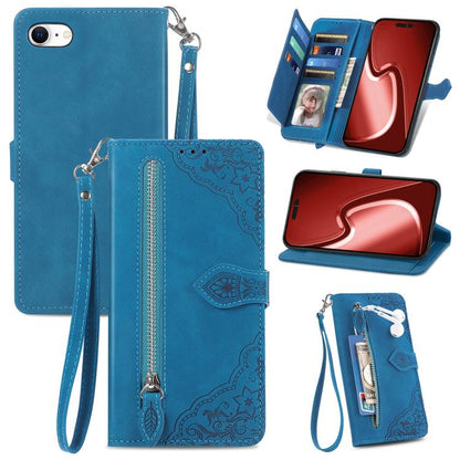 For iPhone 16e Embossed Flower Zipper Leather Phone Case(Blue) by bashfashion