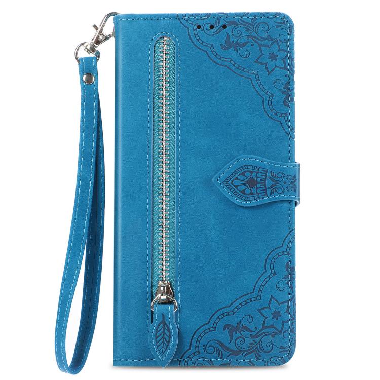For iPhone 16e Embossed Flower Zipper Leather Phone Case(Blue) by bashfashion