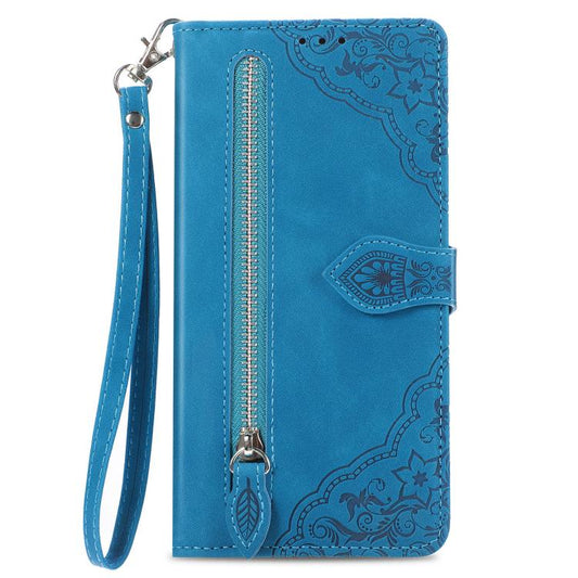 For iPhone 16e Embossed Flower Zipper Leather Phone Case(Blue) by bashfashion