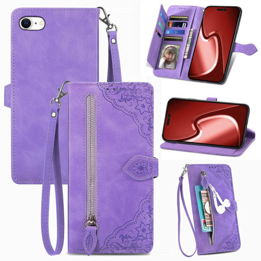 For iPhone 16e Embossed Flower Zipper Leather Phone Case(Purple) by bashfashion