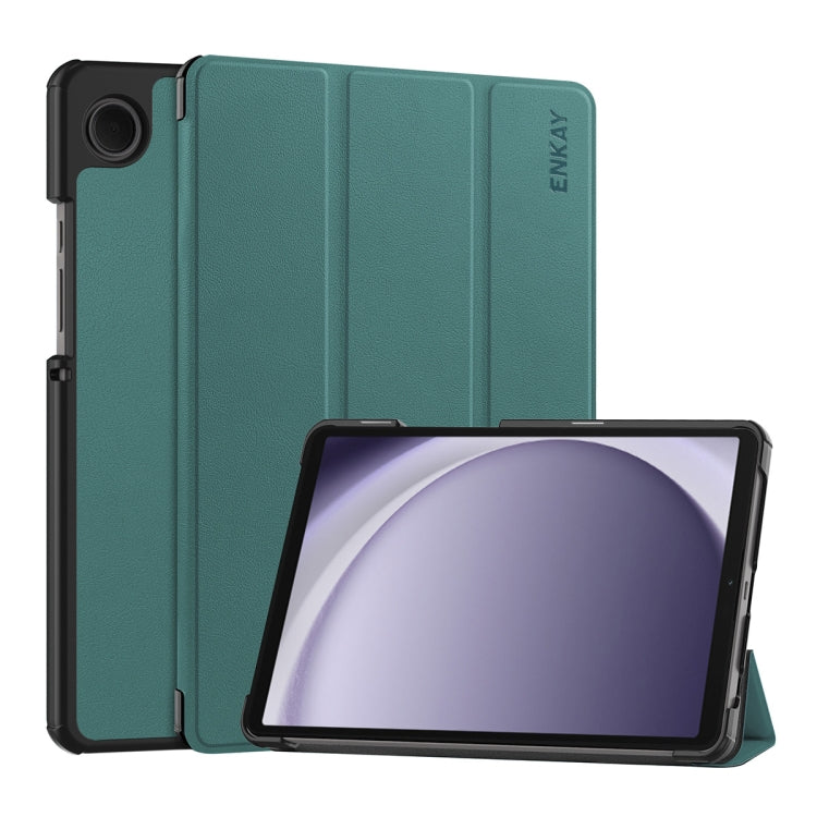For Samsung Galaxy Tab A9 8.7 ENKAY Tri-fold Custer Texture Leather Smart Tablet Case(Dark Green) by ENKAY