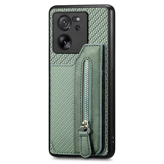 For Xiaomi 13T / 13T Pro Carbon Fiber Flip Zipper Wallet Phone Case(Green) by bashfashion