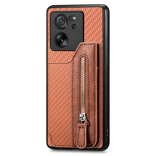 For Xiaomi 13T / 13T Pro Carbon Fiber Flip Zipper Wallet Phone Case(Brown) by bashfashion