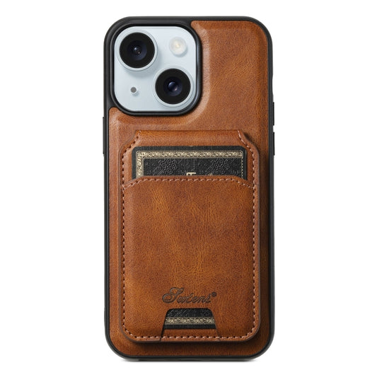 For iPhone 15 Plus Suteni H15 MagSafe Oil Eax Leather Detachable Wallet Back Phone Case(Brown) by Suteni