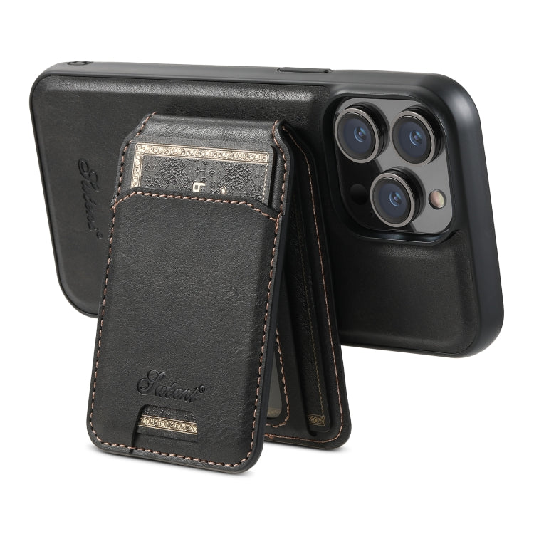 For iPhone 15 Suteni H15 MagSafe Oil Eax Leather Detachable Wallet Back Phone Case(Black) by Suteni