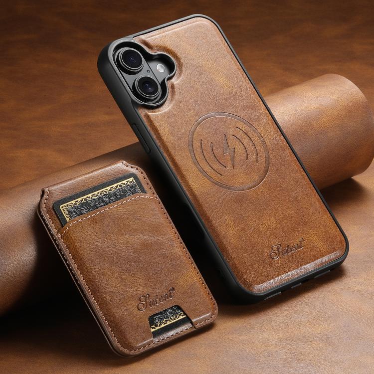 For iPhone 17 Suteni H15 MagSafe Oil Eax Leather Detachable Wallet Back Phone Case(Brown) by Suteni