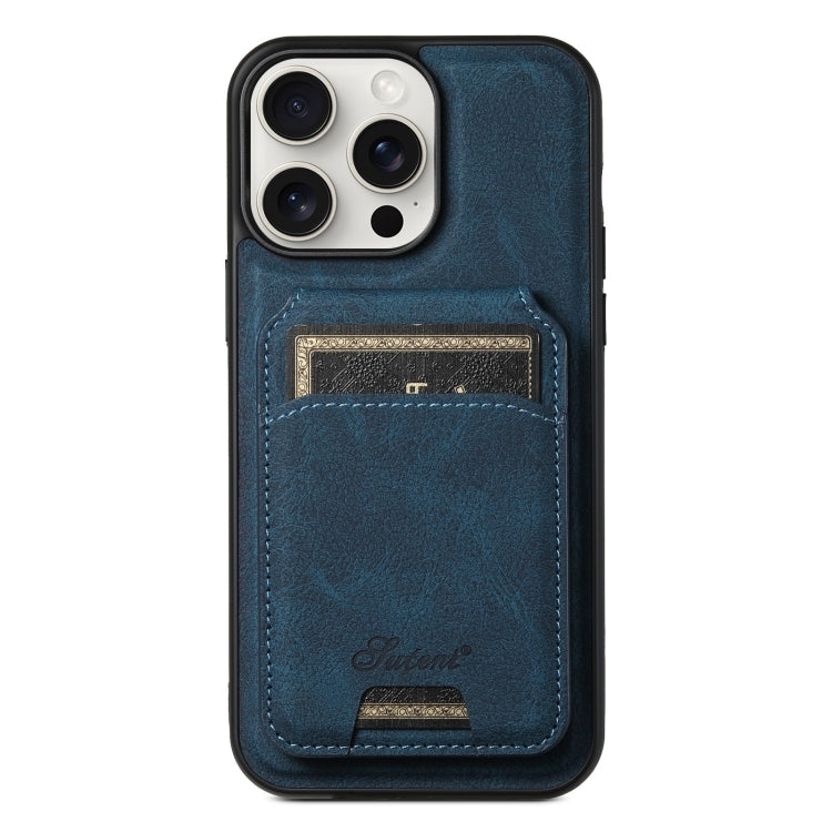 For iPhone 15 Pro Suteni H16 Litchi Texture Leather Detachable Wallet Back Phone Case(Blue) by Suteni