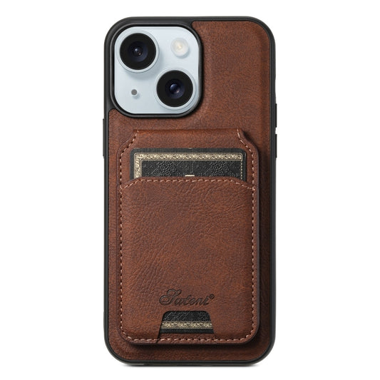 For iPhone 15 Plus Suteni H16 Litchi Texture Leather Detachable Wallet Back Phone Case(Brown) by Suteni