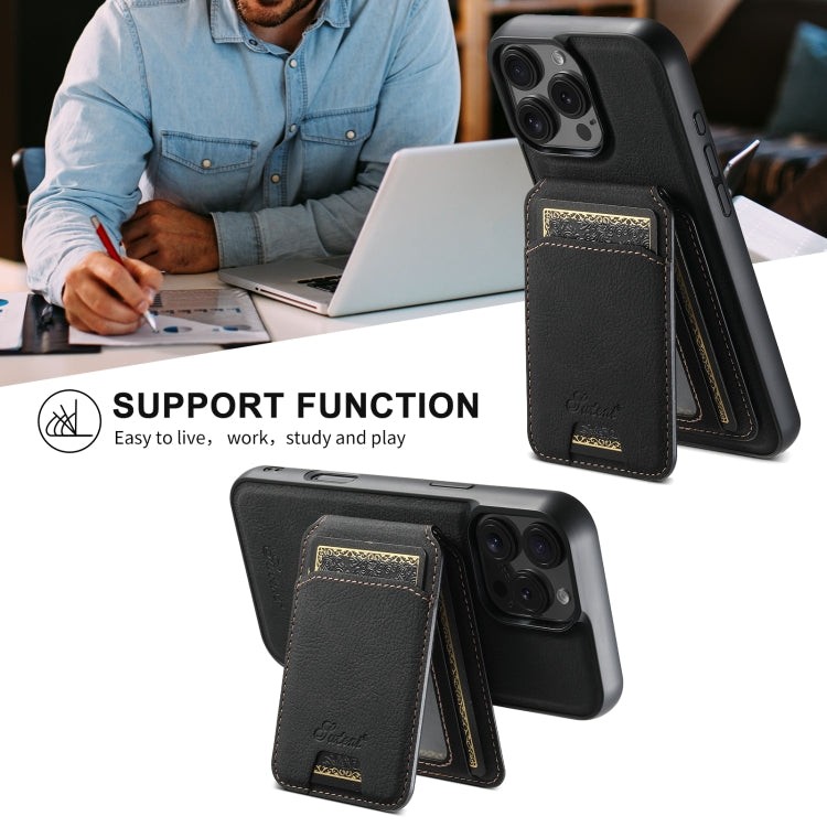 For iPhone 16 Pro Max Suteni H16 Litchi Texture Leather Detachable Wallet Back Phone Case(Black) by Suteni