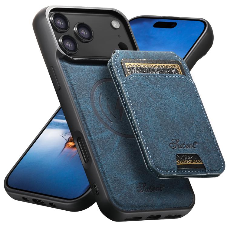 For iPhone 17 Pro Suteni H16 Litchi Texture Leather Detachable Wallet Back Phone Case(Blue) by Suteni
