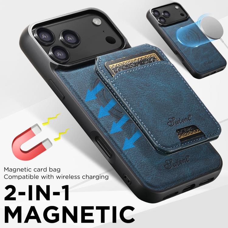 For iPhone 17 Pro Suteni H16 Litchi Texture Leather Detachable Wallet Back Phone Case(Blue) by Suteni