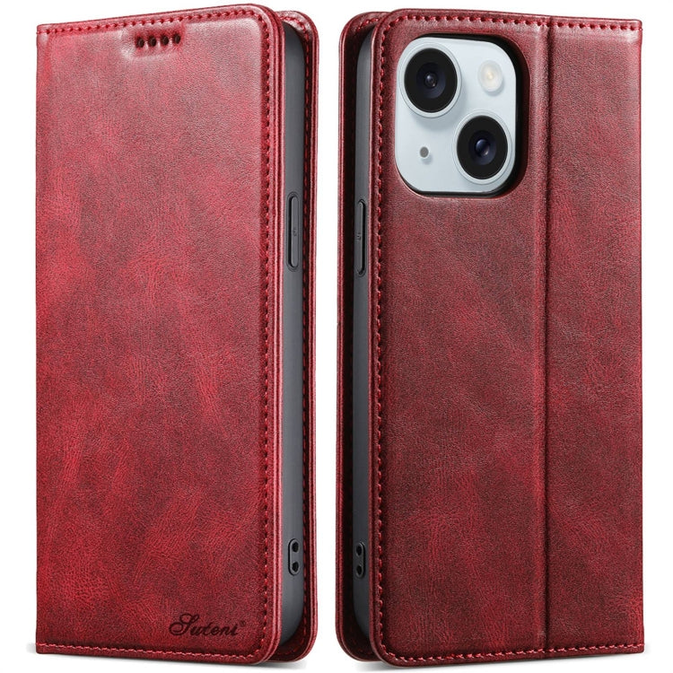 For iPhone 15 Plus Suteni J02 Oil Wax Wallet Leather Phone Case(Red) by Suteni