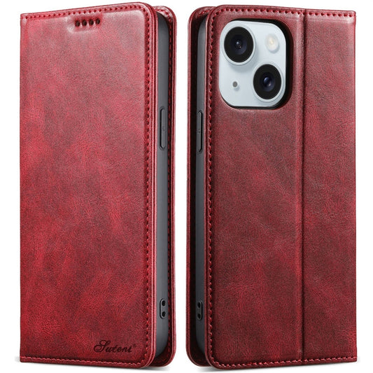 For iPhone 15 Plus Suteni J02 Oil Wax Wallet Leather Phone Case(Red) by Suteni