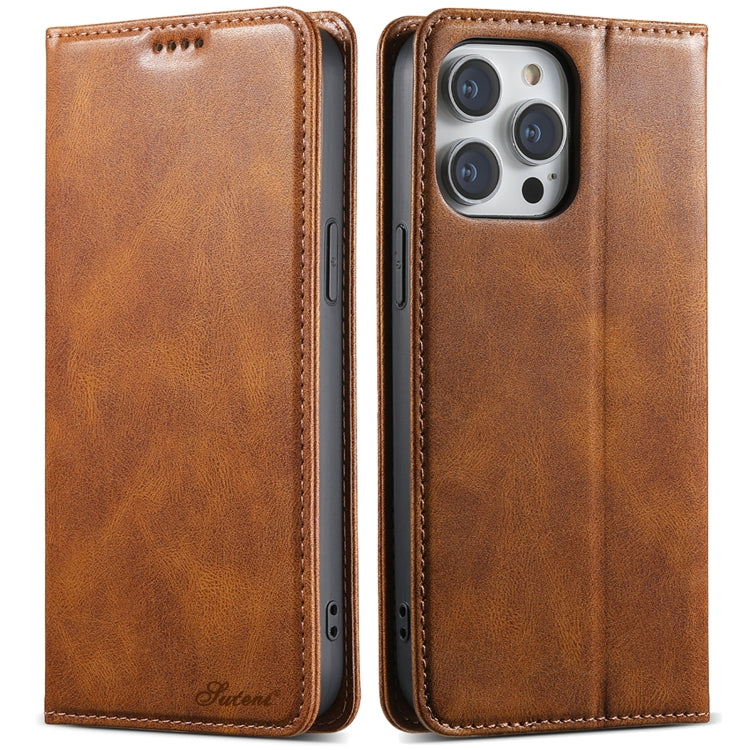 For iPhone 14 Pro Max Suteni J02 Oil Wax Wallet Leather Phone Case(Brown) by Suteni