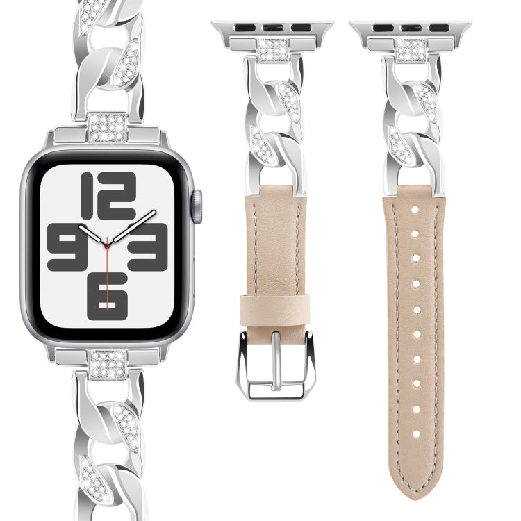 For Apple Watch SE 2023 40mm Rhinestone Denim Chain Leather Watch Band(Apricot) by bashfashion
