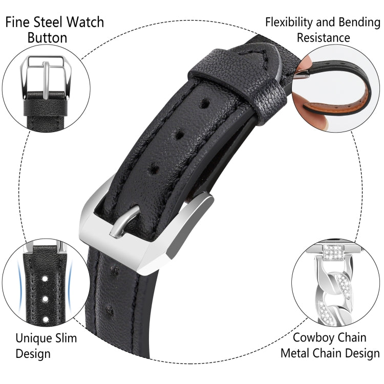 For Apple Watch Series 9 45mm Rhinestone Denim Chain Leather Watch Band(Black) by bashfashion