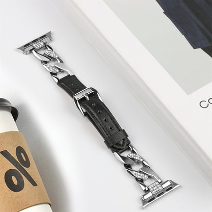 For Apple Watch Series 9 45mm Rhinestone Denim Chain Leather Watch Band(Black) by bashfashion