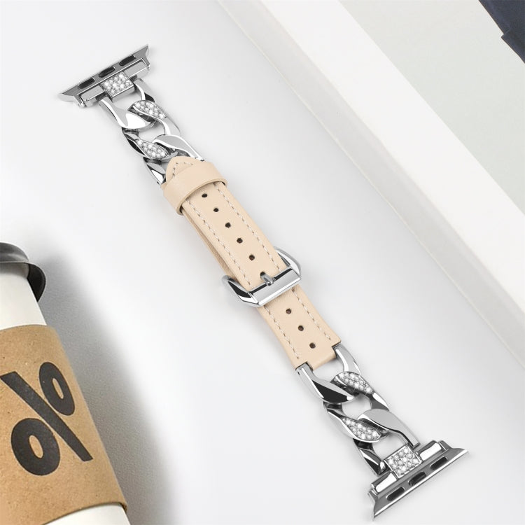 For Apple Watch SE 2022 40mm Rhinestone Denim Chain Leather Watch Band(Apricot) by bashfashion