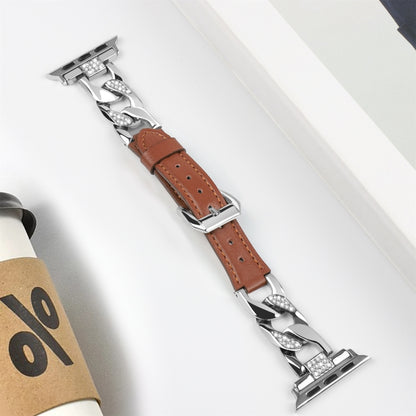 For Apple Watch SE 2022 40mm Rhinestone Denim Chain Leather Watch Band(Brown) by bashfashion
