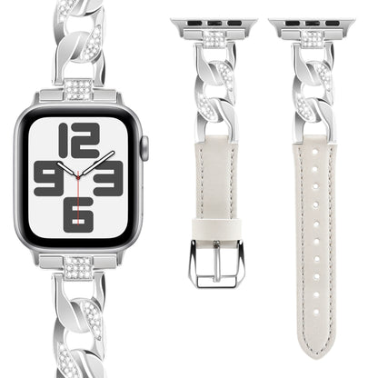 For Apple Watch Series 7 41mm Rhinestone Denim Chain Leather Watch Band(Beige) by bashfashion