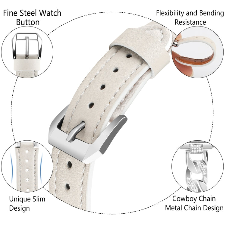 For Apple Watch Series 6 40mm Rhinestone Denim Chain Leather Watch Band(Beige) by bashfashion
