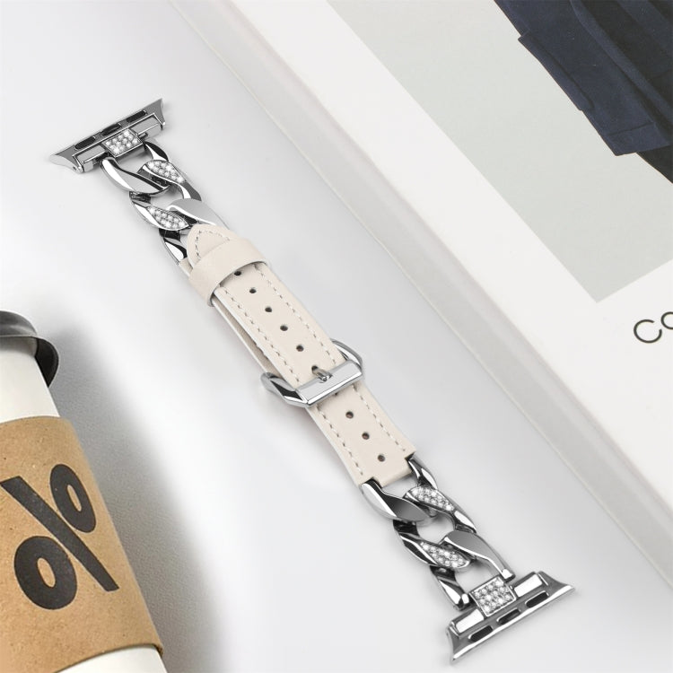 For Apple Watch Series 4 40mm Rhinestone Denim Chain Leather Watch Band(Beige) by bashfashion