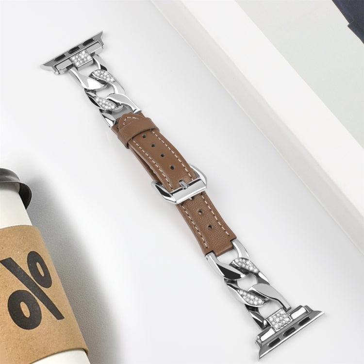 For Apple Watch Series 4 40mm Rhinestone Denim Chain Leather Watch Band(Dark Brown) by bashfashion
