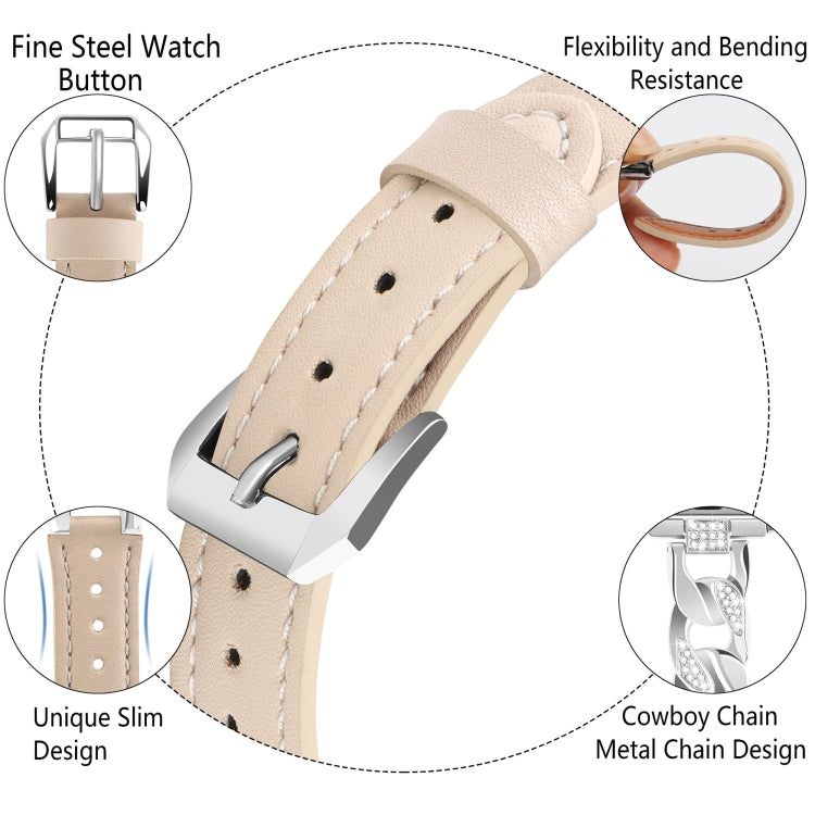 For Apple Watch Series 3 38mm Rhinestone Denim Chain Leather Watch Band(Apricot) by bashfashion