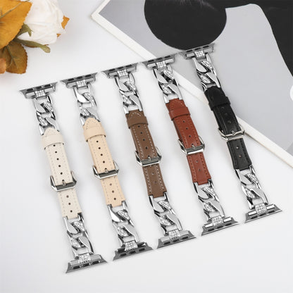 For Apple Watch Series 4 40mm Rhinestone Denim Chain Leather Watch Band(Brown) by bashfashion