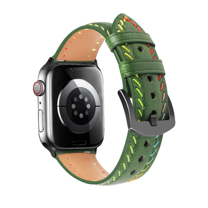 For Apple Watch Series 9 41mm Colorful Sewing Thread Leather Watch Band(Green) by bashfashion