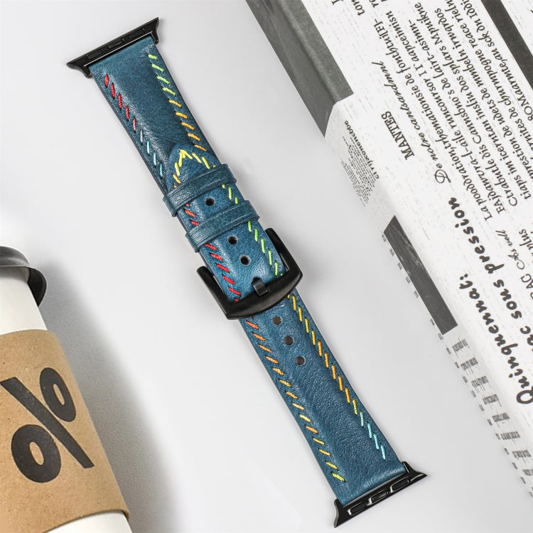 For Apple Watch SE 2022 40mm Colorful Sewing Thread Leather Watch Band(Blue) by bashfashion