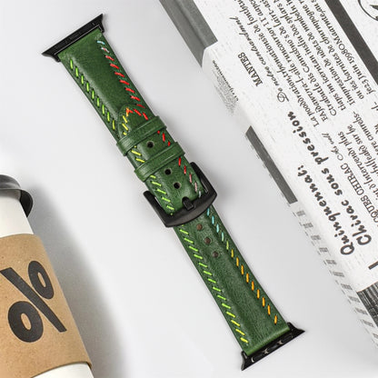 For Apple Watch Series 7 45mm Colorful Sewing Thread Leather Watch Band(Green) by bashfashion