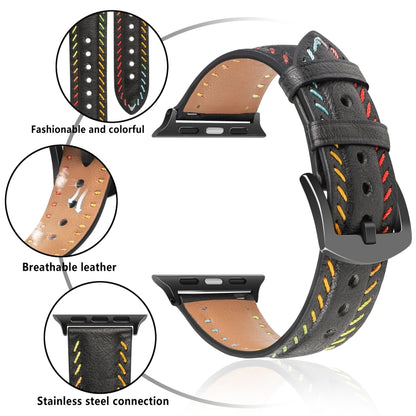 For Apple Watch Series 6 44mm Colorful Sewing Thread Leather Watch Band(Black) by bashfashion