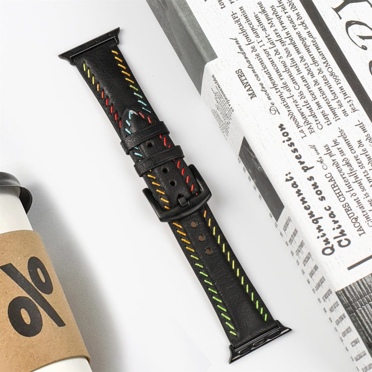 For Apple Watch Series 6 44mm Colorful Sewing Thread Leather Watch Band(Black) by bashfashion
