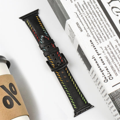 For Apple Watch Series 5 44mm Colorful Sewing Thread Leather Watch Band(Black) by bashfashion