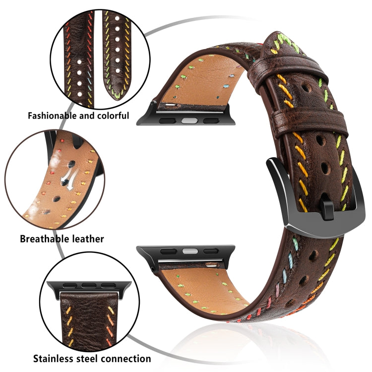 For Apple Watch Series 5 40mm Colorful Sewing Thread Leather Watch Band(Dark Brown) by bashfashion