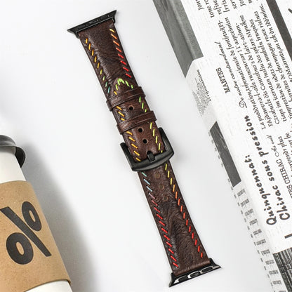 For Apple Watch Series 5 40mm Colorful Sewing Thread Leather Watch Band(Dark Brown) by bashfashion