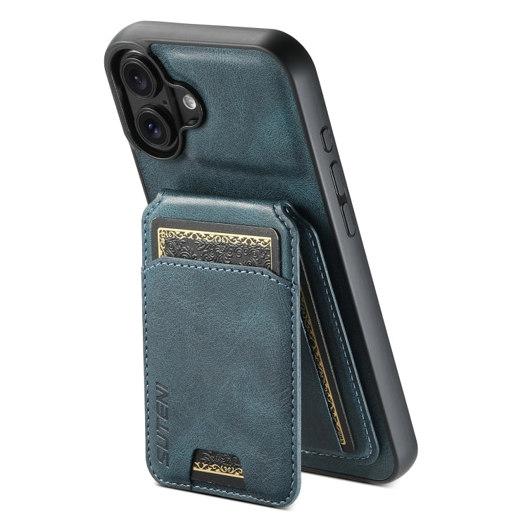 For iPhone 16 Suteni H02 Leather Wallet Stand Back Phone Case(Blue) by Suteni
