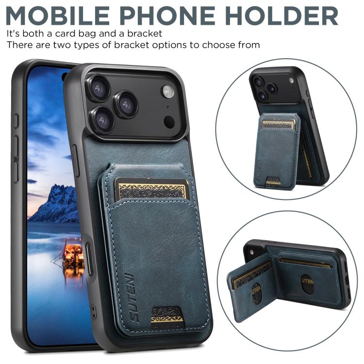 For iPhone 17 Pro Suteni H02 Leather Wallet Stand Back Phone Case(Blue) by Suteni