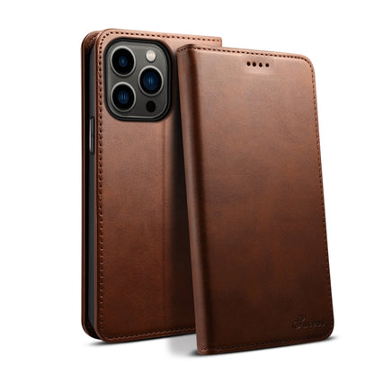 For iPhone 15 Pro Max Suteni Calf Texture Horizontal Flip Leather Phone Case(Brown) by Suteni