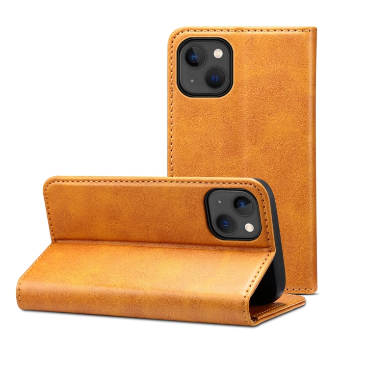 For iPhone 15 Plus Suteni Calf Texture Horizontal Flip Leather Phone Case(Khaki) by Suteni